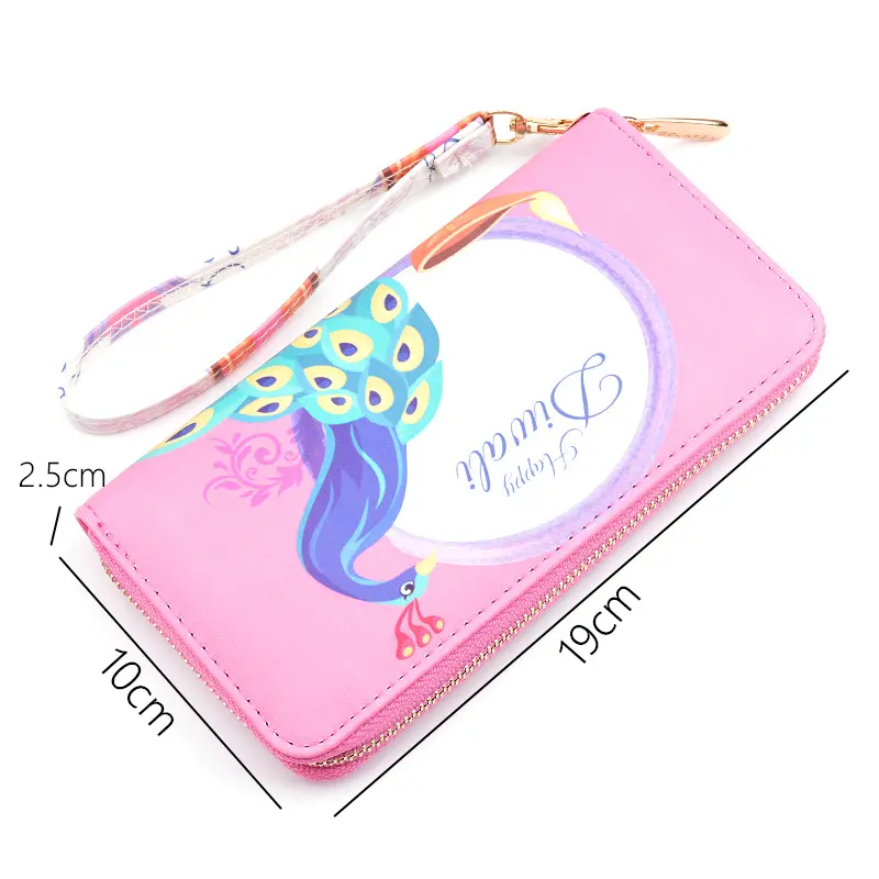 Long Wallets for Women PU Leather Peacock Printing Zipper Wristband Clutch Bag Large Capacity Female Money Clip Card Holder