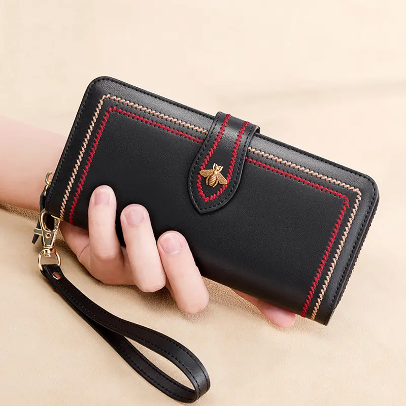 Genuine Leather Wallets Women Clutch Female Purses Long Money Bag Zipper Coin Bee Luxury Brand Wristlet Phone Hasp Card Holder