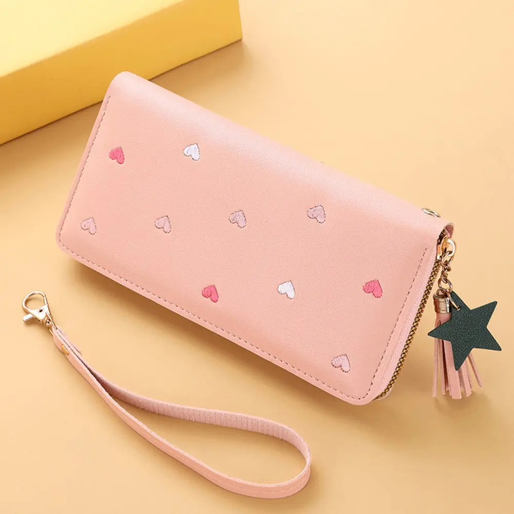 Simple Korean Women's Long Wallet PU Leather Love Heart Large Capacity Wallet Sweet Fold Clutch Bag Students