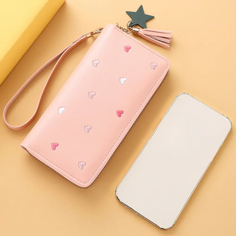 Simple Korean Women's Long Wallet PU Leather Love Heart Large Capacity Wallet Sweet Fold Clutch Bag Students