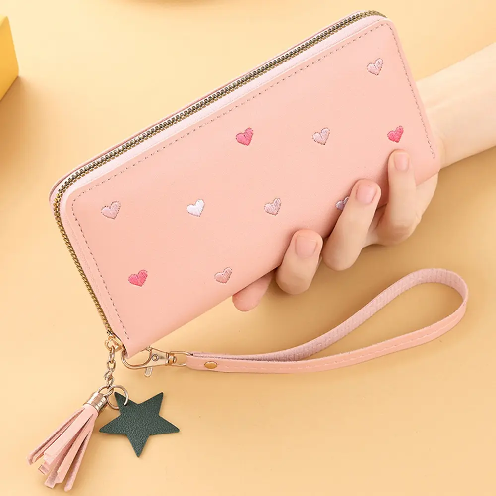 Simple Korean Women's Long Wallet PU Leather Love Heart Large Capacity Wallet Sweet Fold Clutch Bag Students