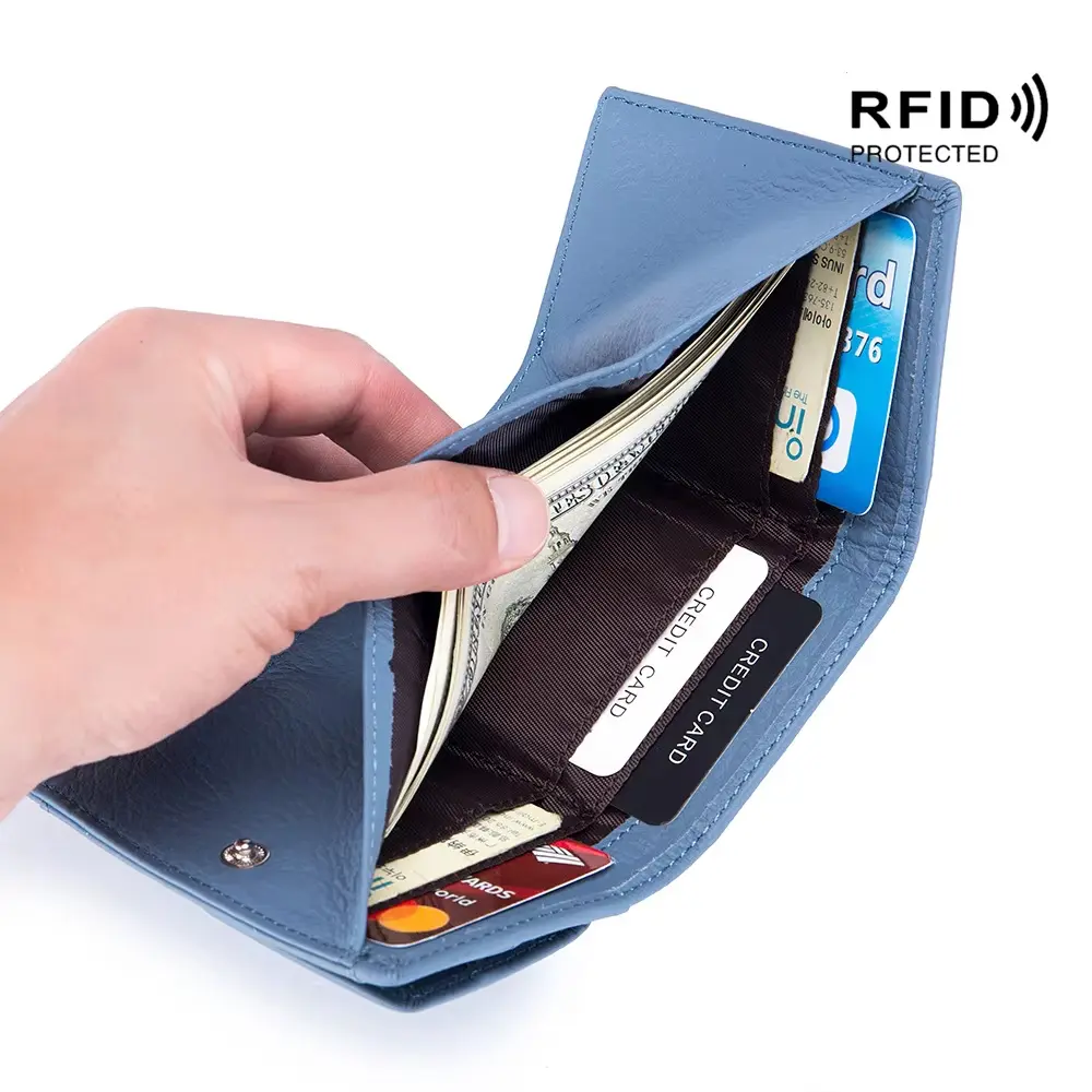 RFID Women Genuine Leather Small Wallets Female Portable Cowhide Purses Lady Card Holder Money Bag with Coin Pocket