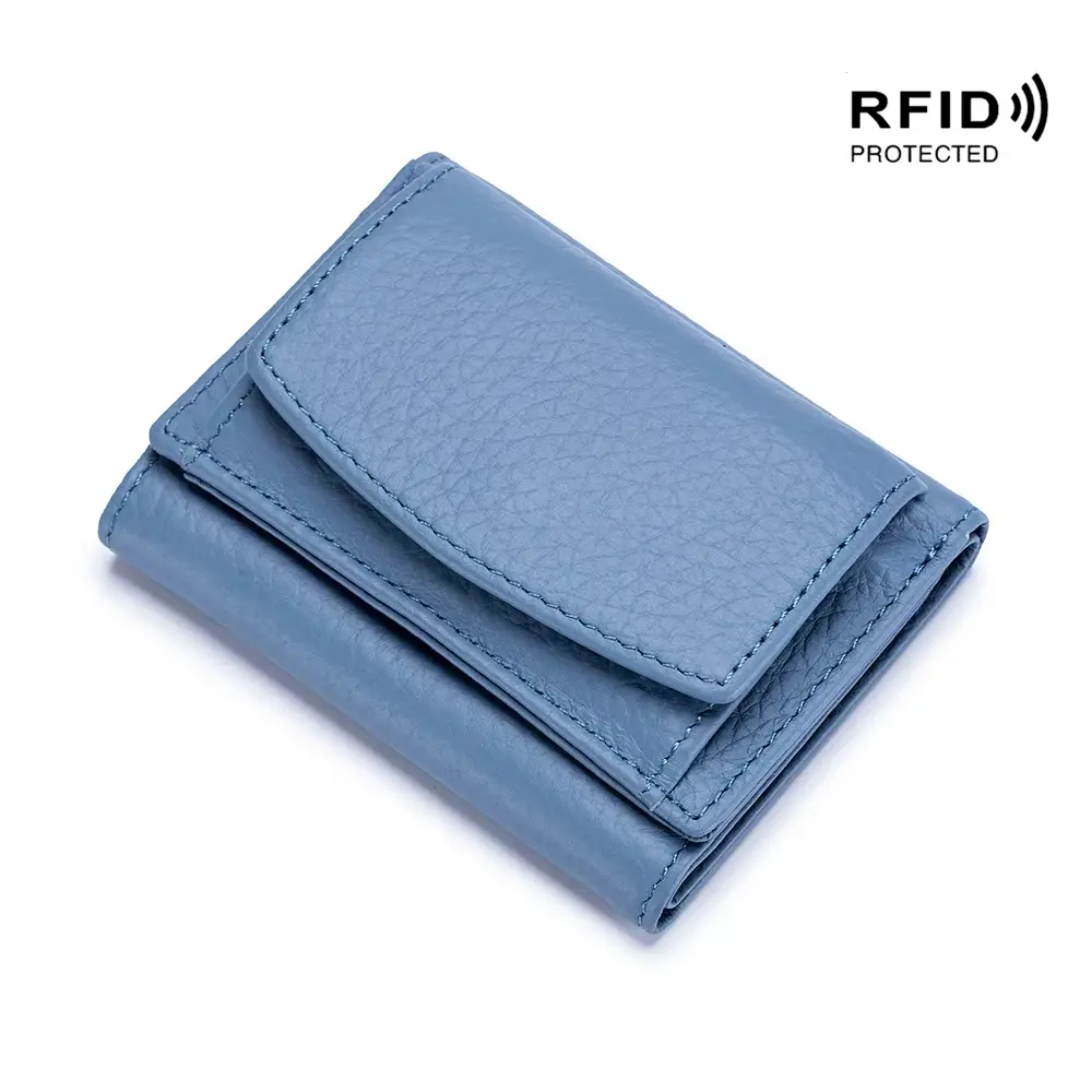 RFID Women Genuine Leather Small Wallets Female Portable Cowhide Purses Lady Card Holder Money Bag with Coin Pocket