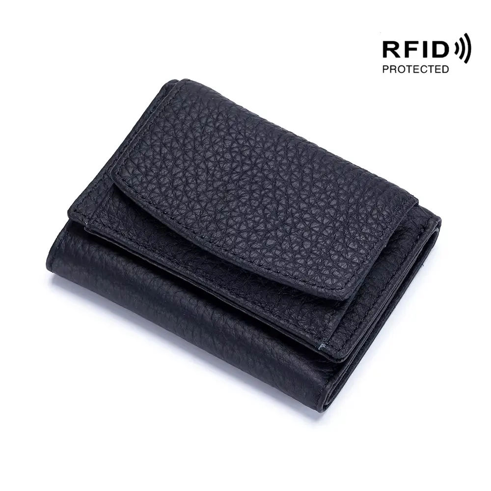 RFID Women Genuine Leather Small Wallets Female Portable Cowhide Purses Lady Card Holder Money Bag with Coin Pocket