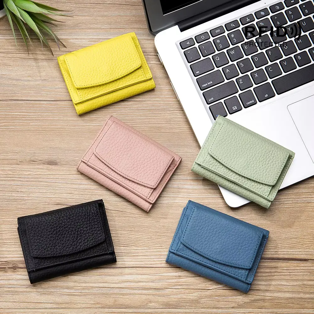 RFID Women Genuine Leather Small Wallets Female Portable Cowhide Purses Lady Card Holder Money Bag with Coin Pocket