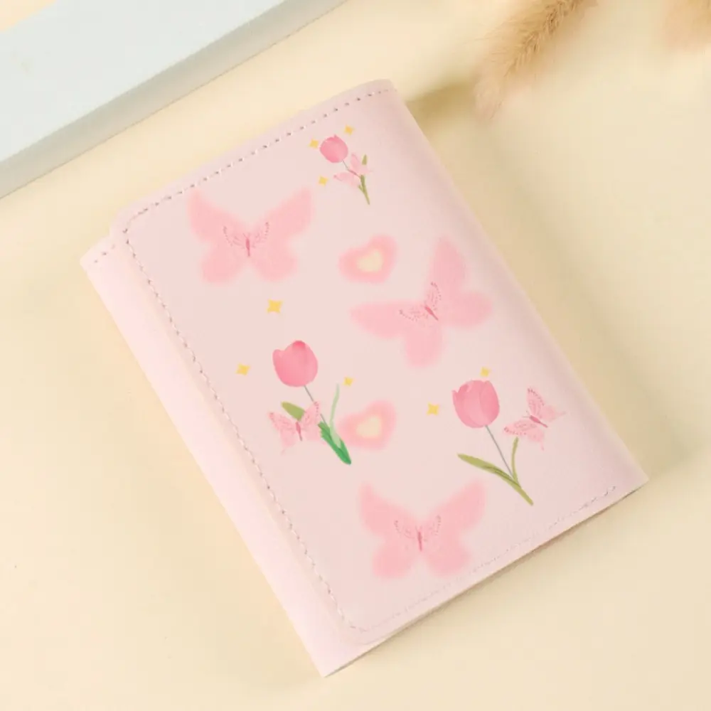 Cute Korean Style Wallet Women Sweet Pink Color Floral Bow Purse Card Wallet for Girl Portable Travel Cash Coin Photocard Bag