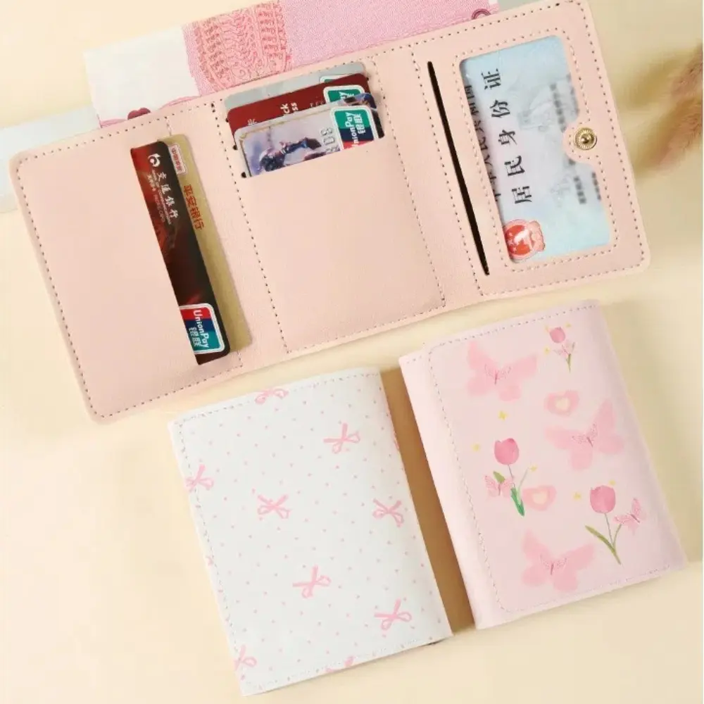 Cute Korean Style Wallet Women Sweet Pink Color Floral Bow Purse Card Wallet for Girl Portable Travel Cash Coin Photocard Bag