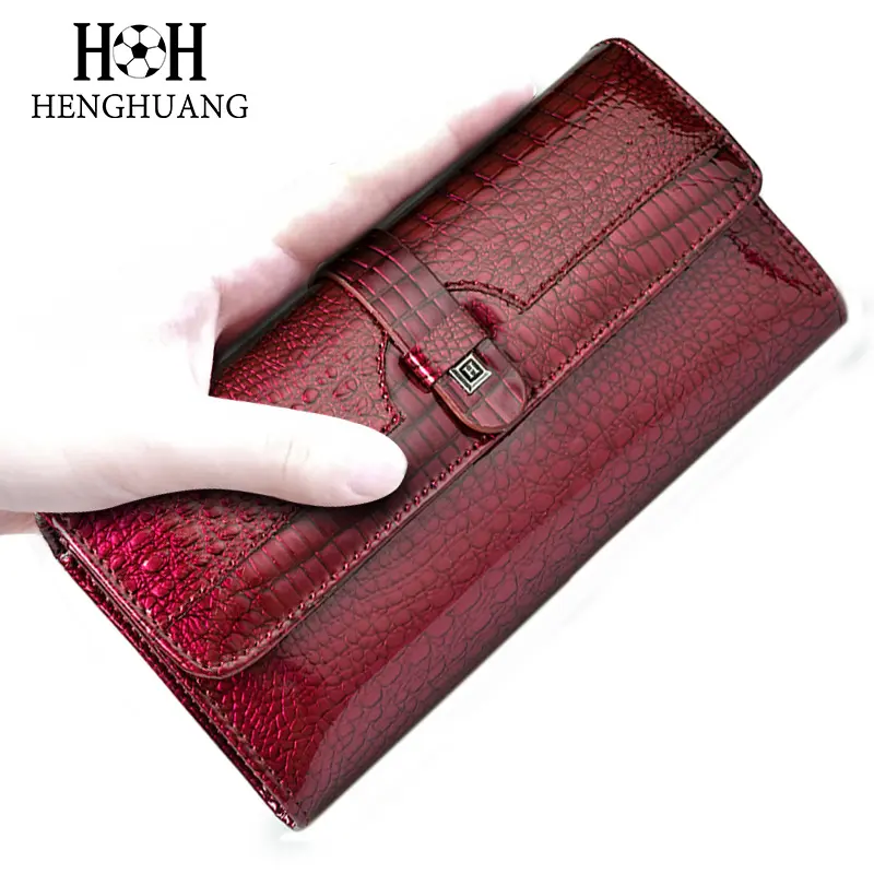 HH Women Long Wallet Genuine Leather Wallets Red Aligator Pattern Cowhide Purse Three Fold Large Capacity Clutch Wallet Luxury
