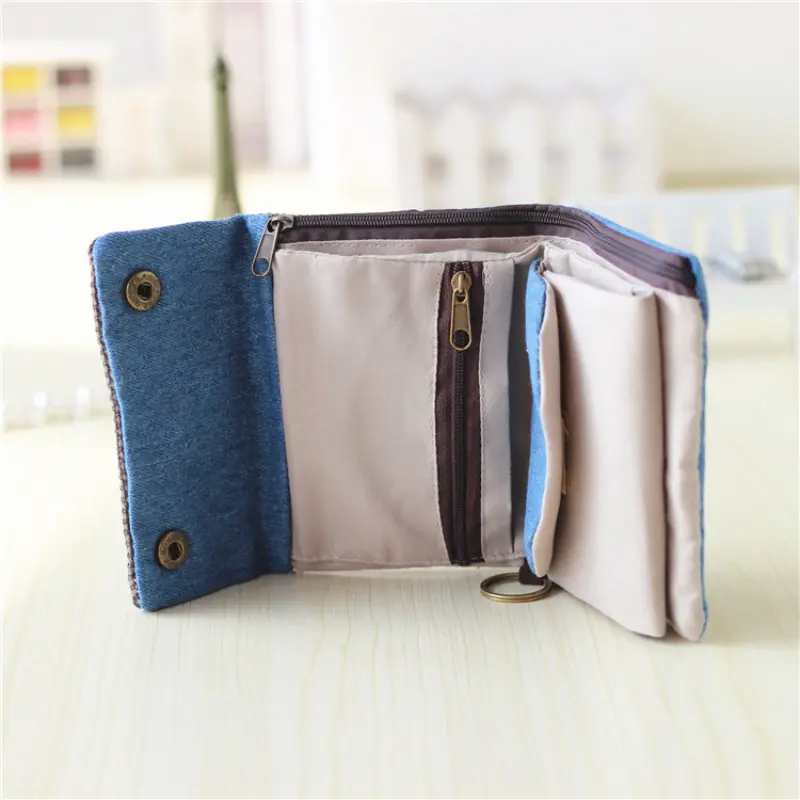 Handmade Three Fold Fabric Wallet Women Men Simple Short Zipper Purses for Teens Personality Multi-function Key Bag Card Holder