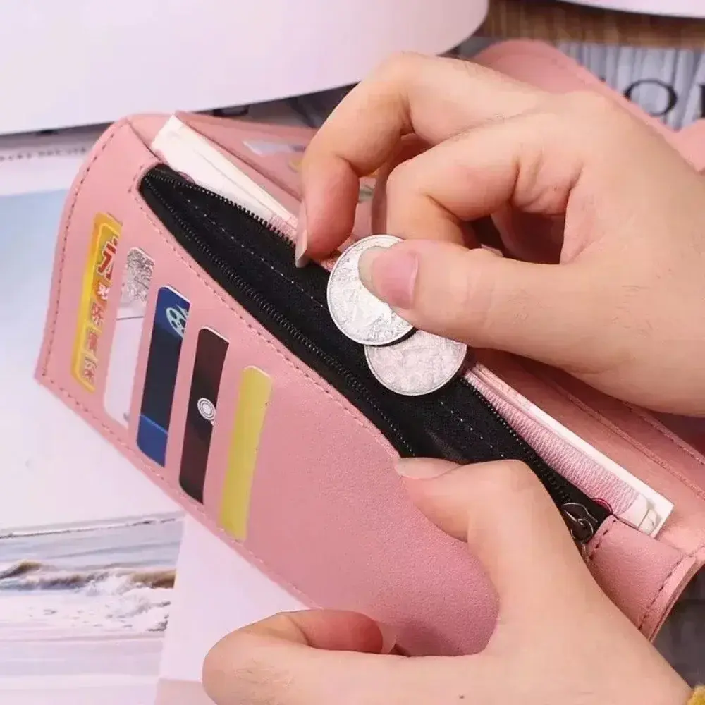 PU Leather Women Wallets Luxury Long Hasp Fold-over Pattern Coin Purses Female Brand Solid Colors New Thin Clutch Phone Bag