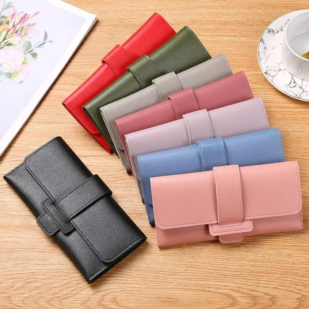PU Leather Women Wallets Luxury Long Hasp Fold-over Pattern Coin Purses Female Brand Solid Colors New Thin Clutch Phone Bag