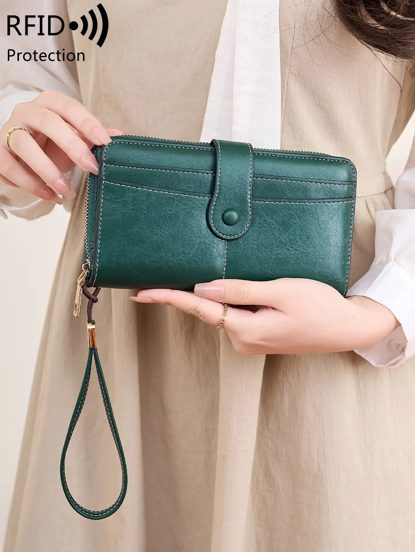 Vintage Elegant Women's Long Wallet RFID Bifold Multifunctional Zipper Handbag Coin Purse Multifunctional Credit Card Holder