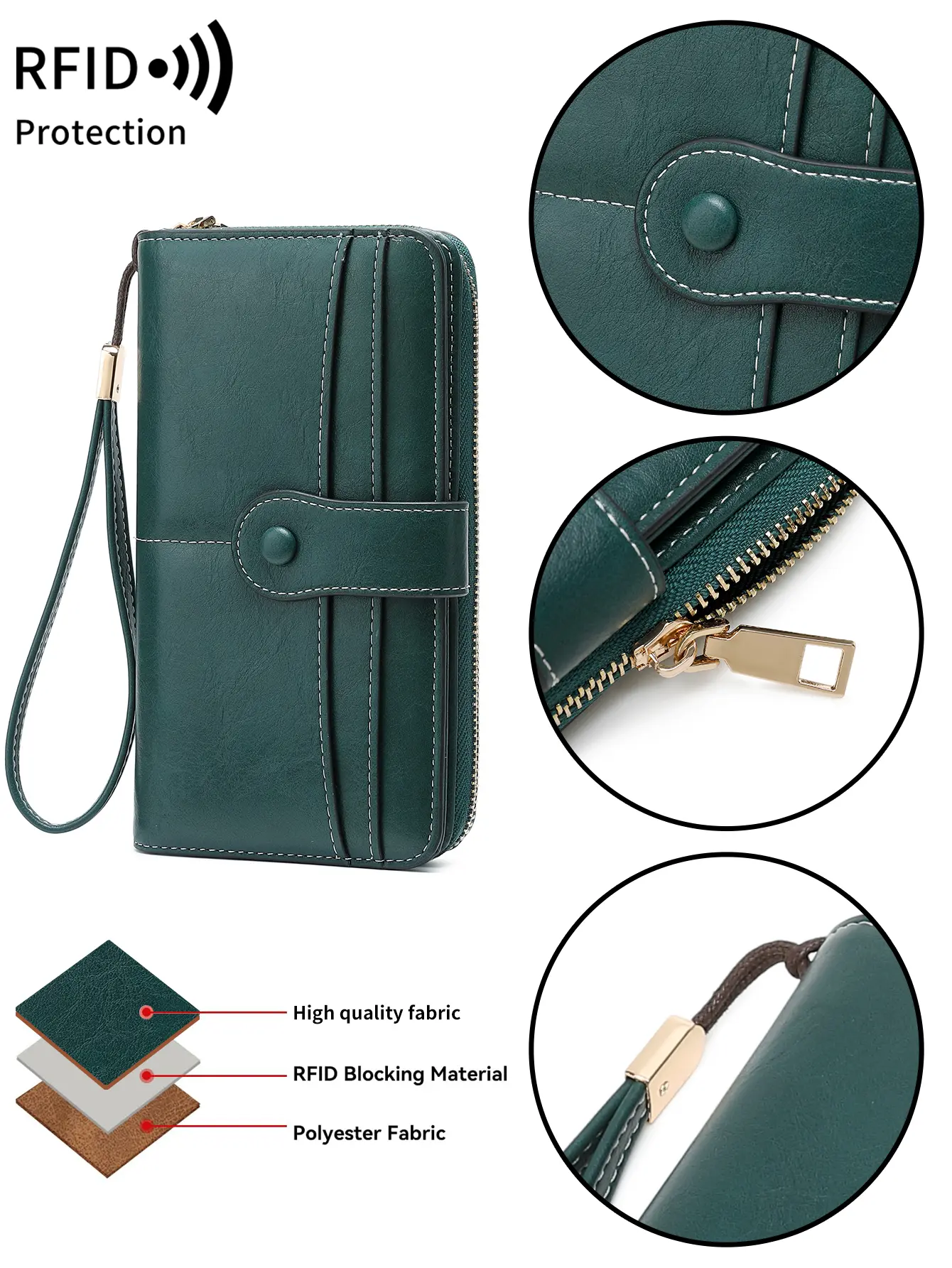 Vintage Elegant Women's Long Wallet RFID Bifold Multifunctional Zipper Handbag Coin Purse Multifunctional Credit Card Holder