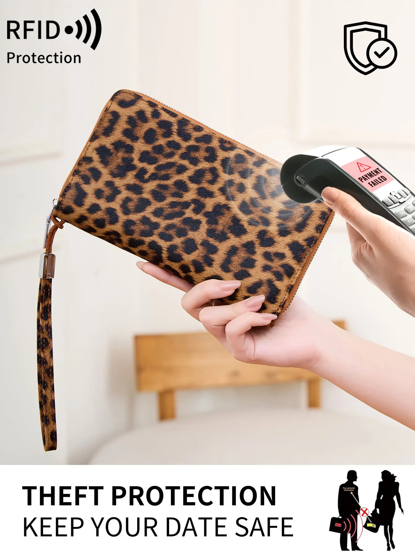 Fashion Leopard Print Women's Wallet RFID Blocking PU Leather Zipper Wallet Large Capacity Long Wallet Credit Card Clutch