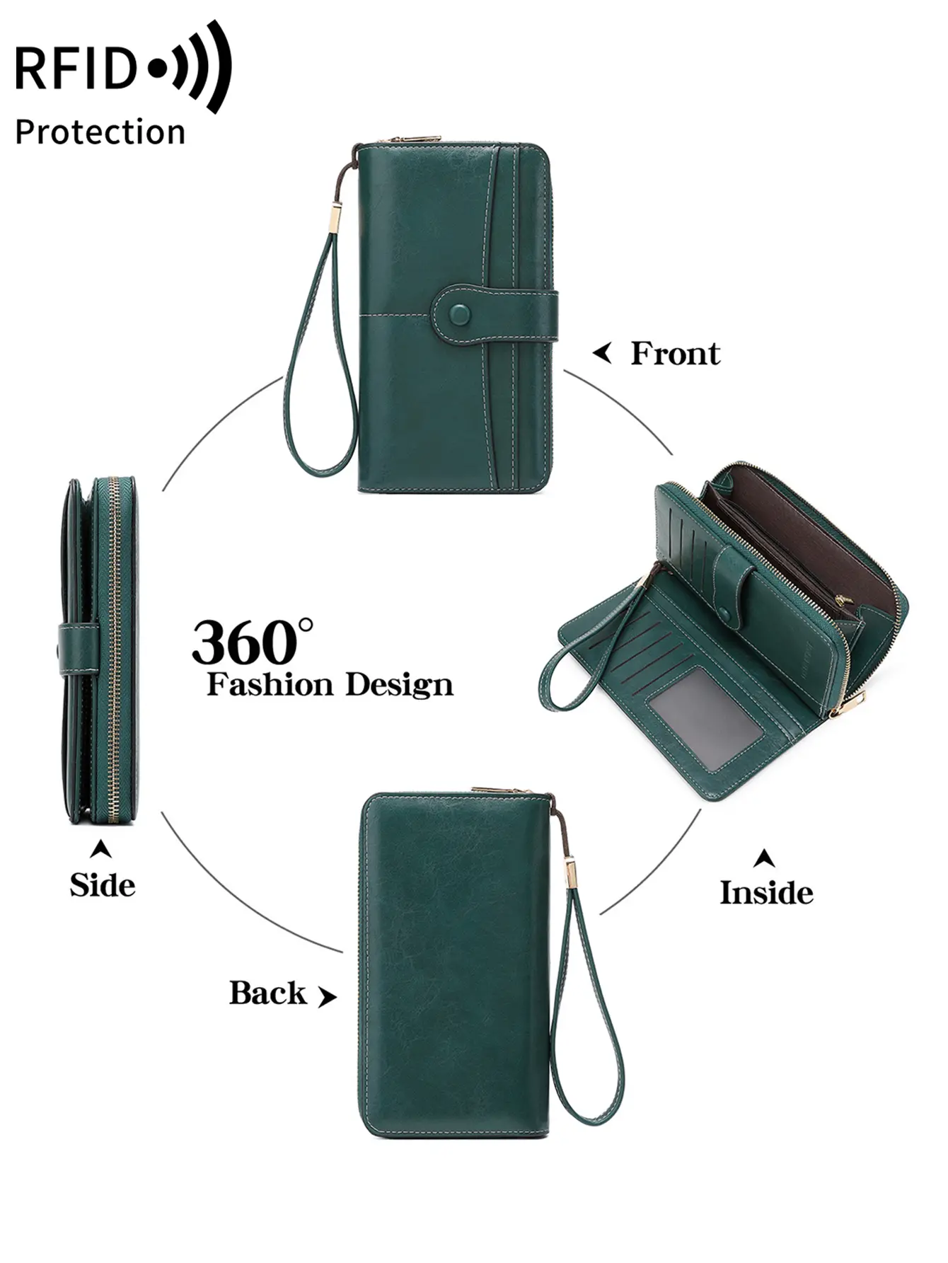 Vintage Elegant Women's Long Wallet RFID Bifold Multifunctional Zipper Handbag Coin Purse Multifunctional Credit Card Holder
