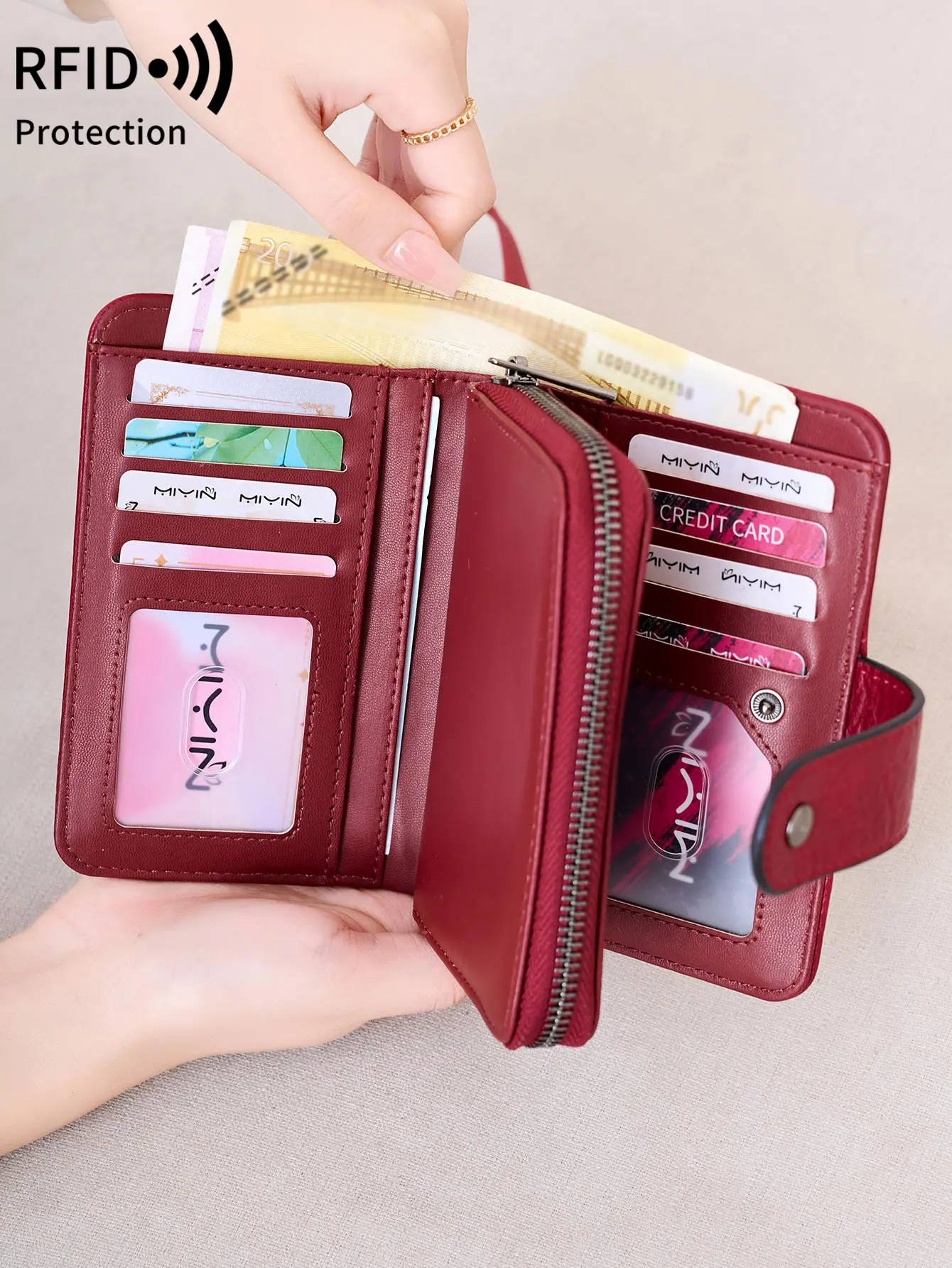 Small Women's Wallet RFID Blocking100%Leather Three-Layer Large Capacity Zipper Clutch Coin Purse Portable All-match Card Holder