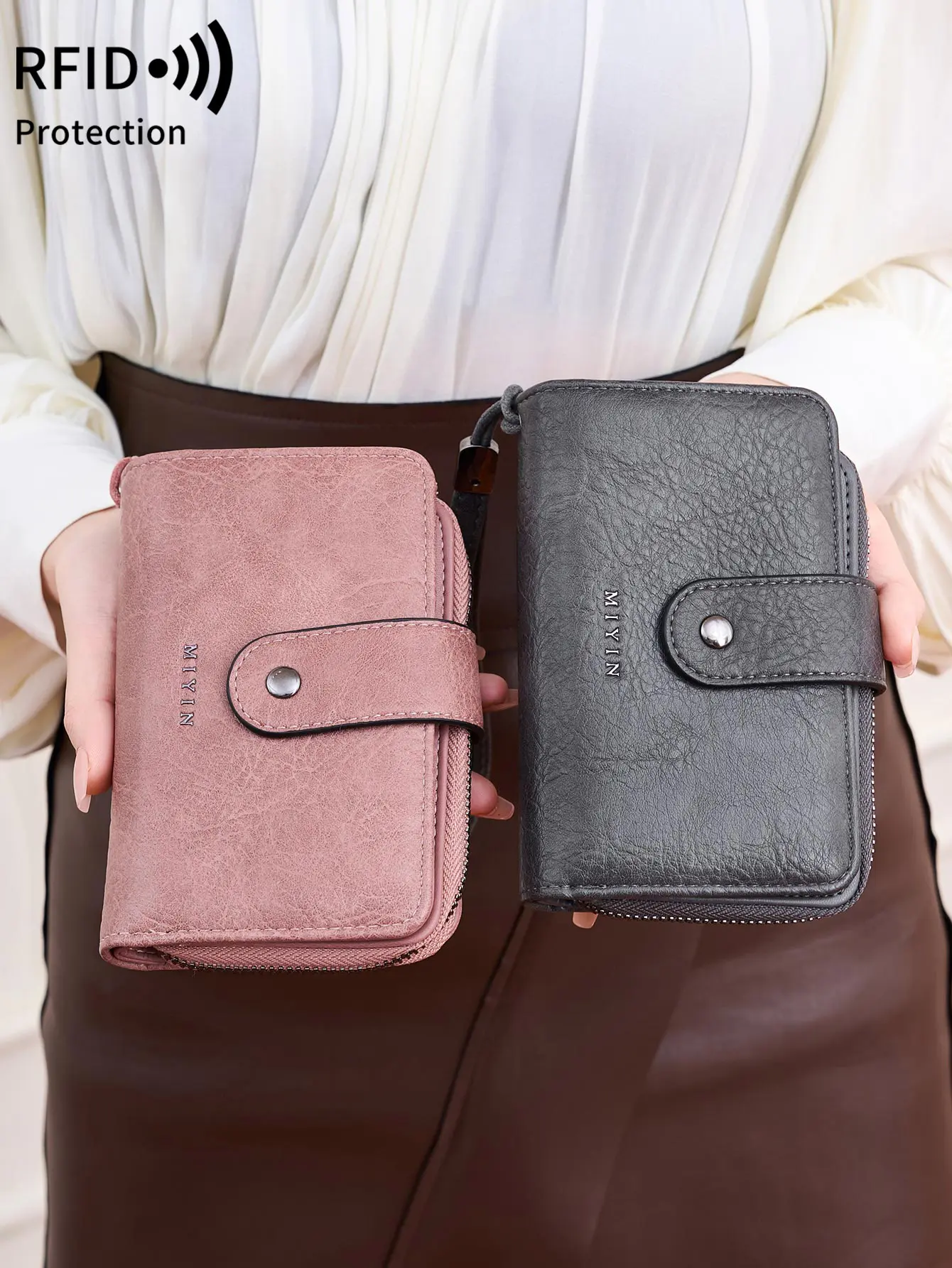 Small Women's Wallet RFID Blocking100%Leather Three-Layer Large Capacity Zipper Clutch Coin Purse Portable All-match Card Holder