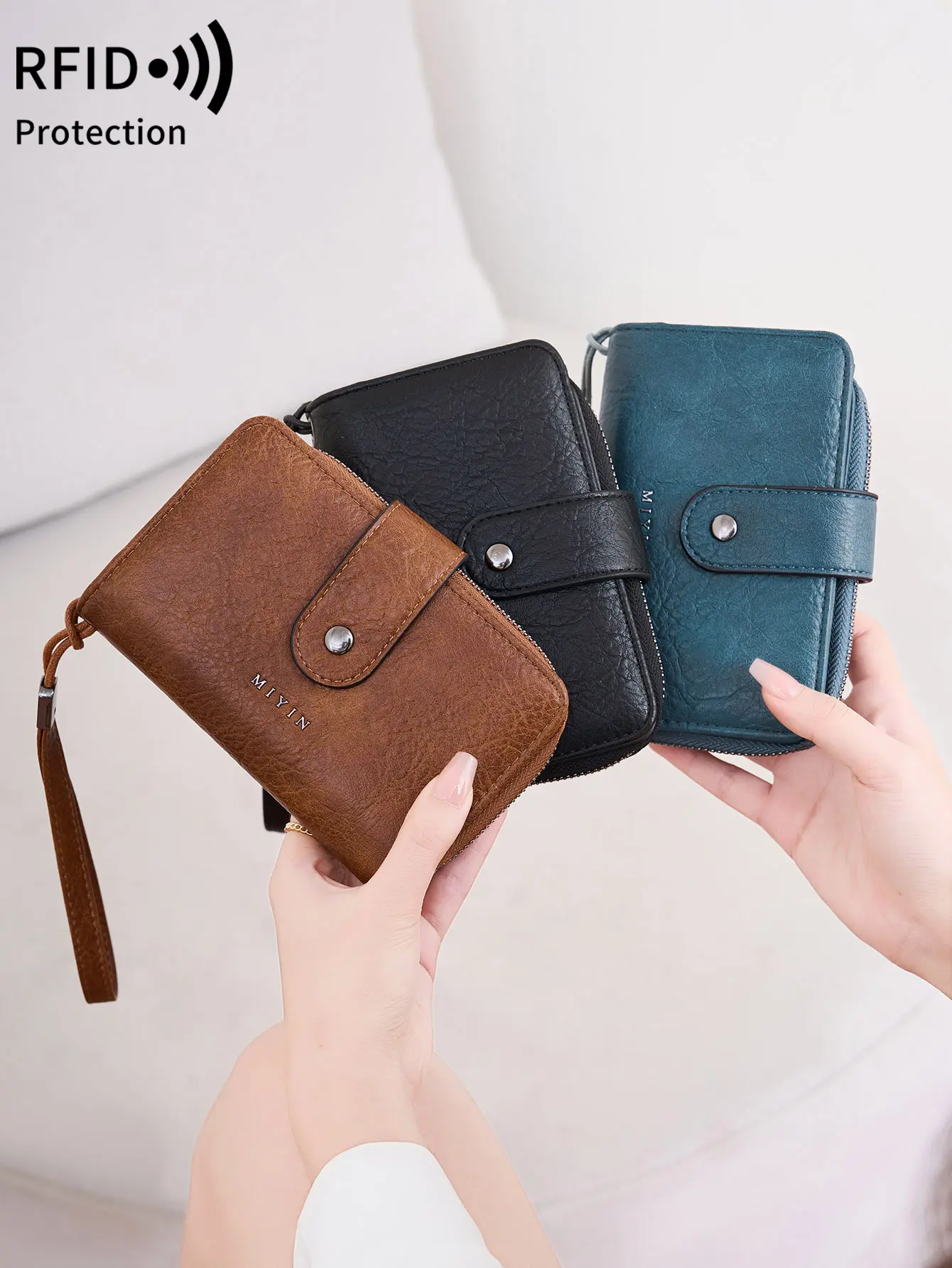 Small Women's Wallet RFID Blocking100%Leather Three-Layer Large Capacity Zipper Clutch Coin Purse Portable All-match Card Holder