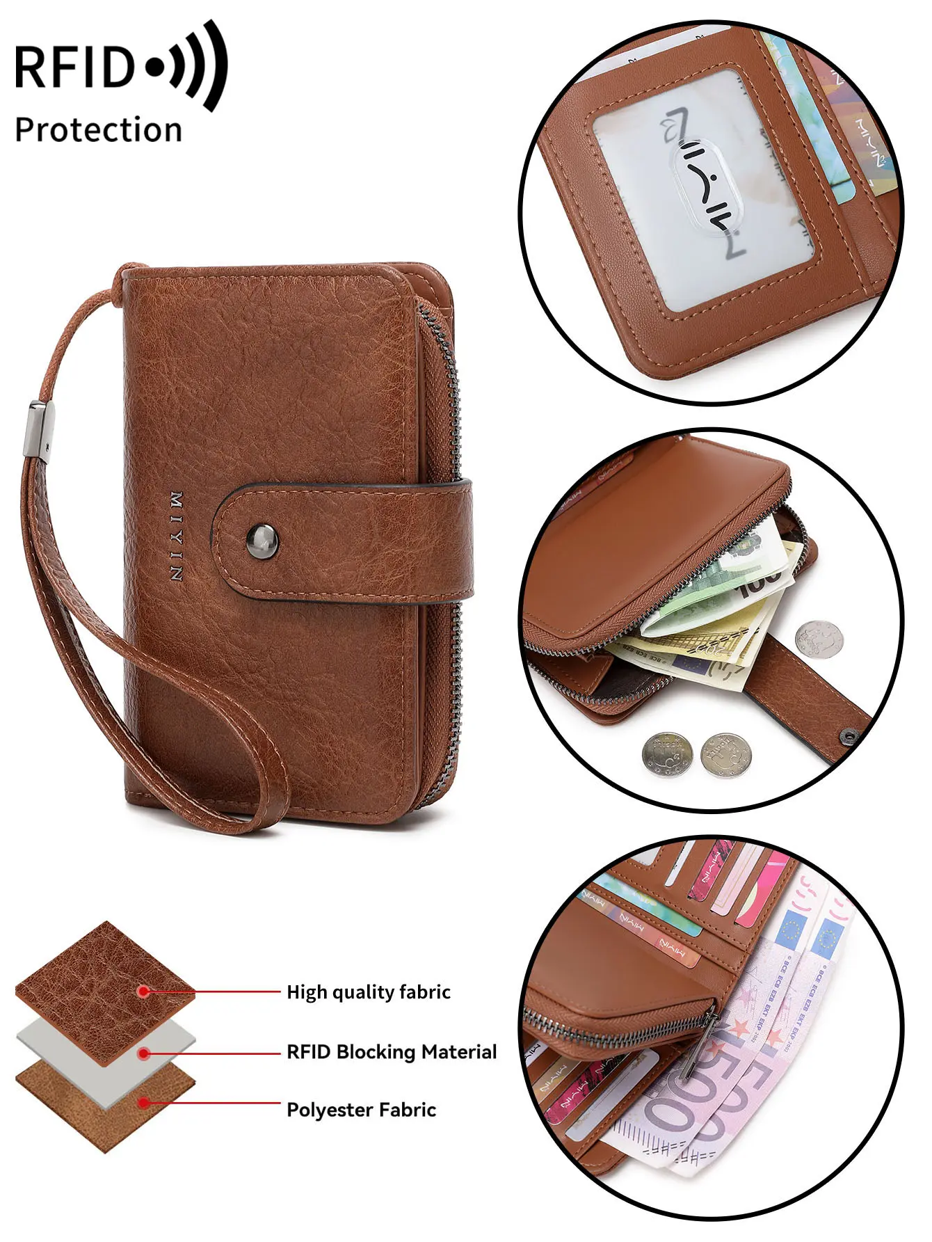 Small Women's Wallet RFID Blocking100%Leather Three-Layer Large Capacity Zipper Clutch Coin Purse Portable All-match Card Holder