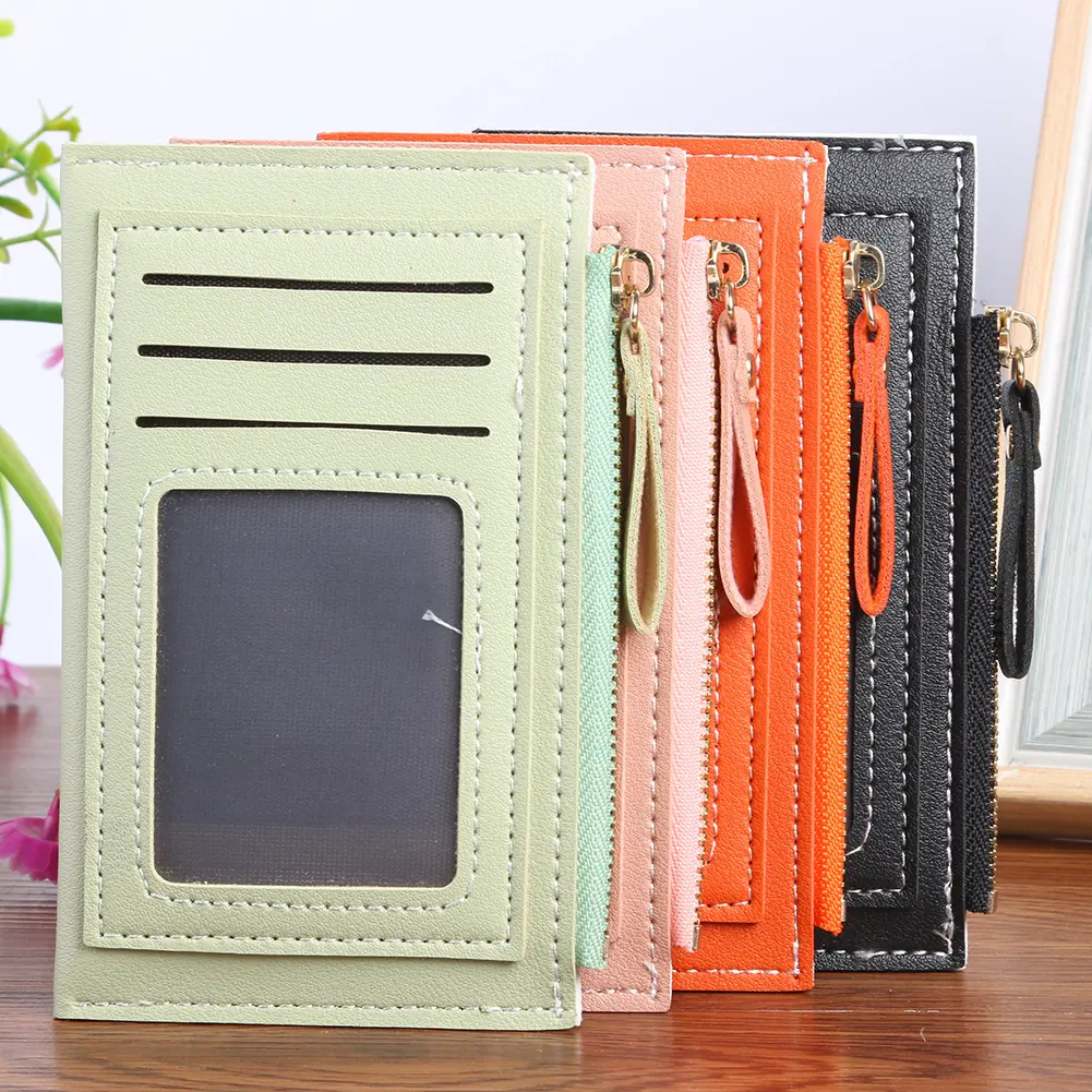 PU Card Bag Contrast Color Fashion Women Money Wallet Portable Casual Multiple Slots with Zipper for Female Girls Festival Gifts