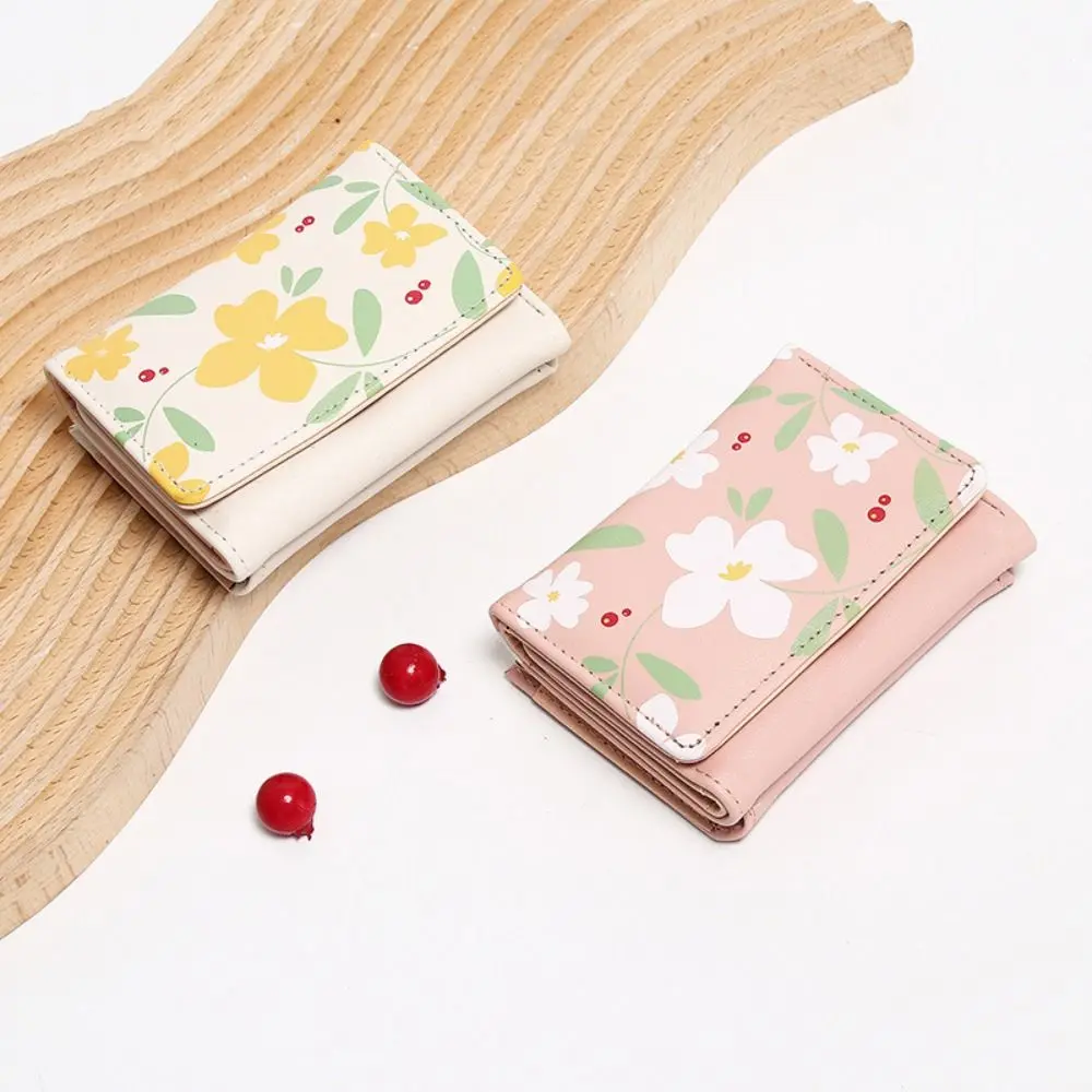 Fashion PU Leather Women Short Wallet Three-Fold Flower Printed Slim Small Wallet 5 Colors Cartoon Coin Purse Women Girls
