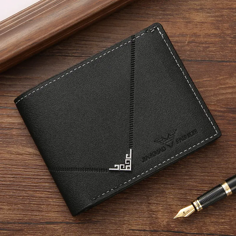 New men's wallet Men's short money clip young men simple fashion multi-card litchi pattern cross splicing leather wallet