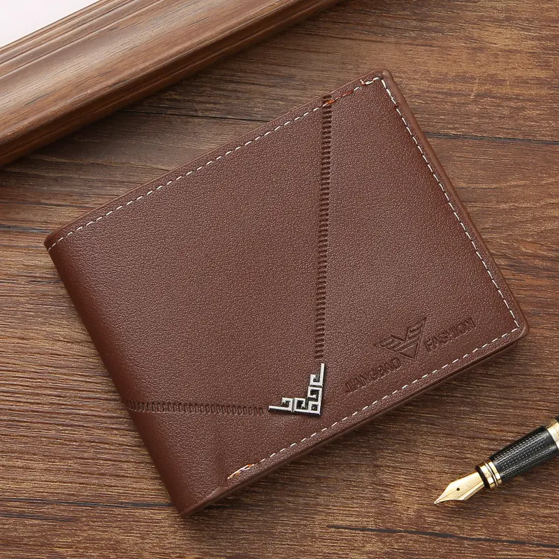 New men's wallet Men's short money clip young men simple fashion multi-card litchi pattern cross splicing leather wallet