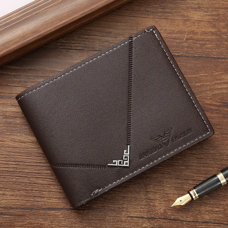 New men's wallet Men's short money clip young men simple fashion multi-card litchi pattern cross splicing leather wallet