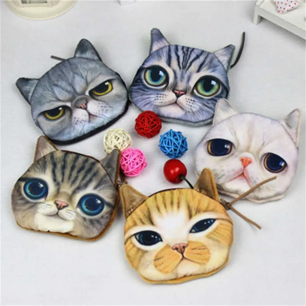 3D Cute Wallet Bag Animal Face Zipper Mini Cat Coin Purses Dog Purse Plush