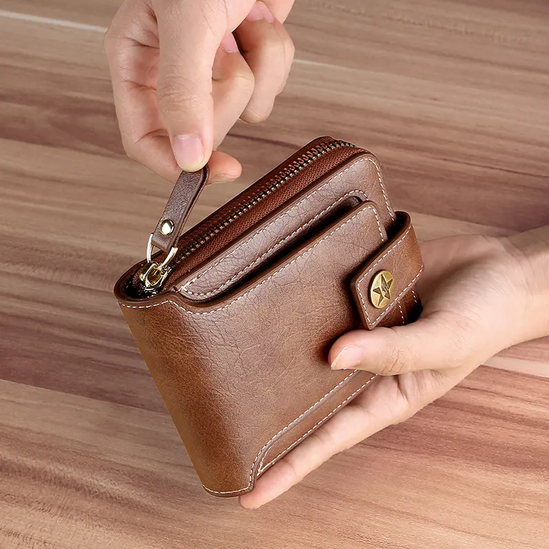 Men Wallet Genuine Leather Luxury Designer Purses Short Zipper Coin Purse Card Holder Chain Portfolio Portomonee Male Walet