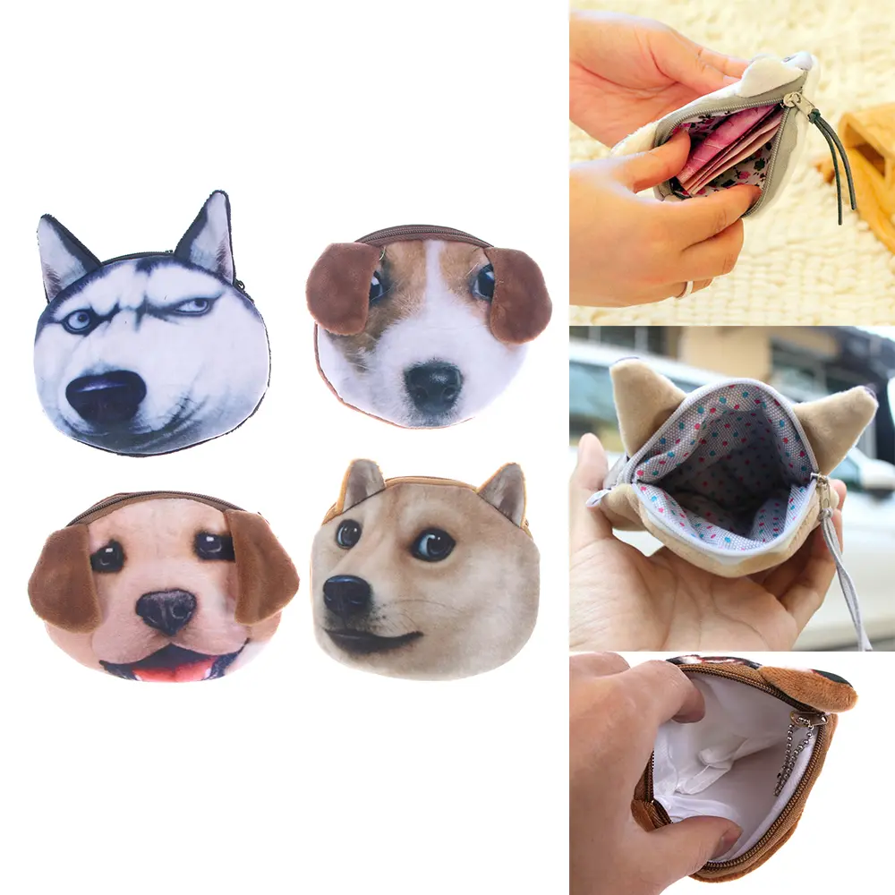 3D Cute Wallet Bag Animal Face Zipper Mini Cat Coin Purses Dog Purse Plush