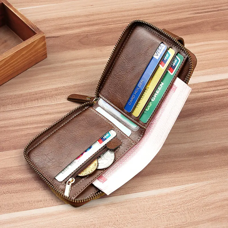 Men Wallet Genuine Leather Luxury Designer Purses Short Zipper Coin Purse Card Holder Chain Portfolio Portomonee Male Walet
