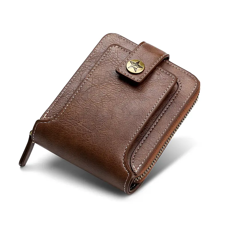 Men Wallet Genuine Leather Luxury Designer Purses Short Zipper Coin Purse Card Holder Chain Portfolio Portomonee Male Walet