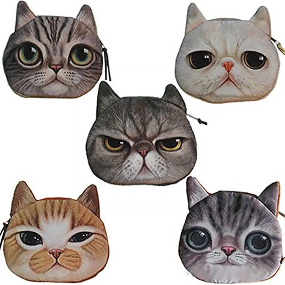 3D Cute Wallet Bag Animal Face Zipper Mini Cat Coin Purses Dog Purse Plush