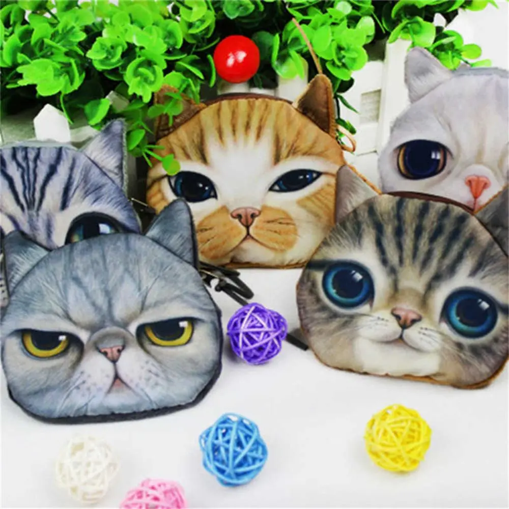 3D Cute Wallet Bag Animal Face Zipper Mini Cat Coin Purses Dog Purse Plush