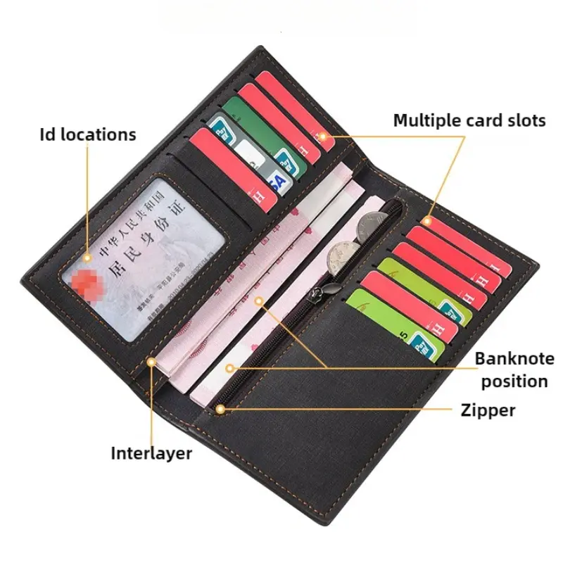 Men's Leather Wallet ID Card Holder Purse Checkbook Long Clutch Bifold Business Money Bag Man Wallets Cartera Hombre Carteras