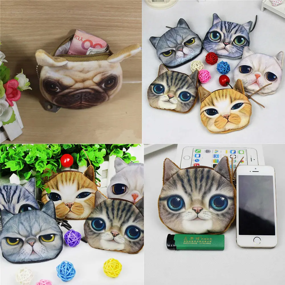 3D Cute Wallet Bag Animal Face Zipper Mini Cat Coin Purses Dog Purse Plush
