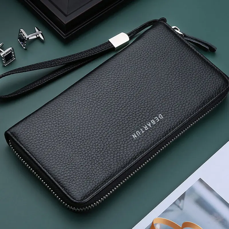 Men's Long PU Leather Wallet - High Quality Zipper Card Holder, Large Capacity Brand Purse for Men
