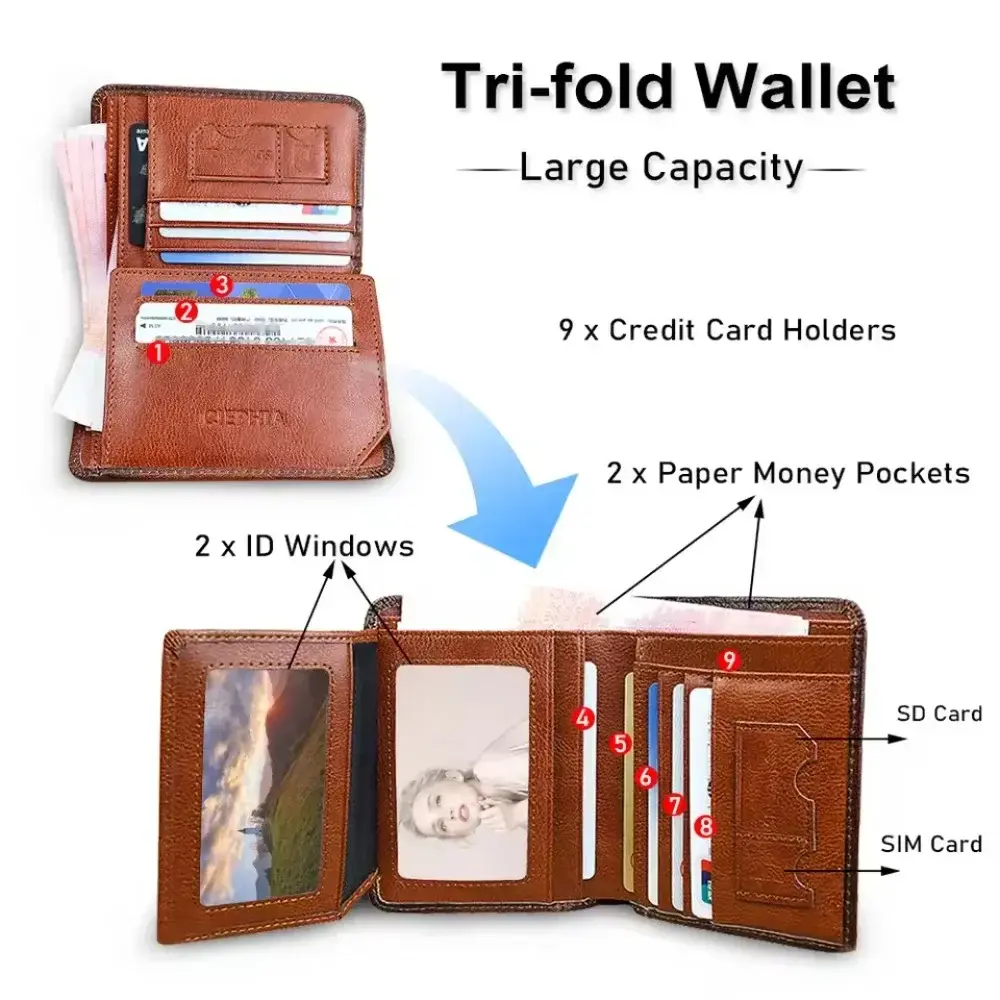 Men Wallet Genuine Leather Rfid Blocking Trifold Wallet Vintage Thin Short Multi Function ID Credit Card Holder Male Purse Money