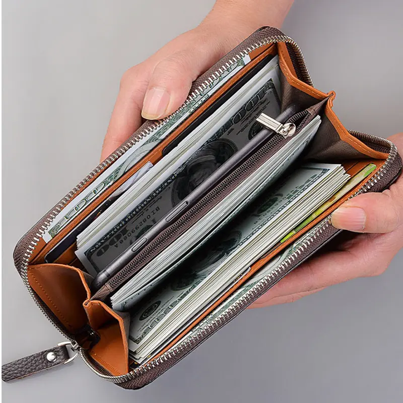 Men's Long PU Leather Wallet - High Quality Zipper Card Holder, Large Capacity Brand Purse for Men