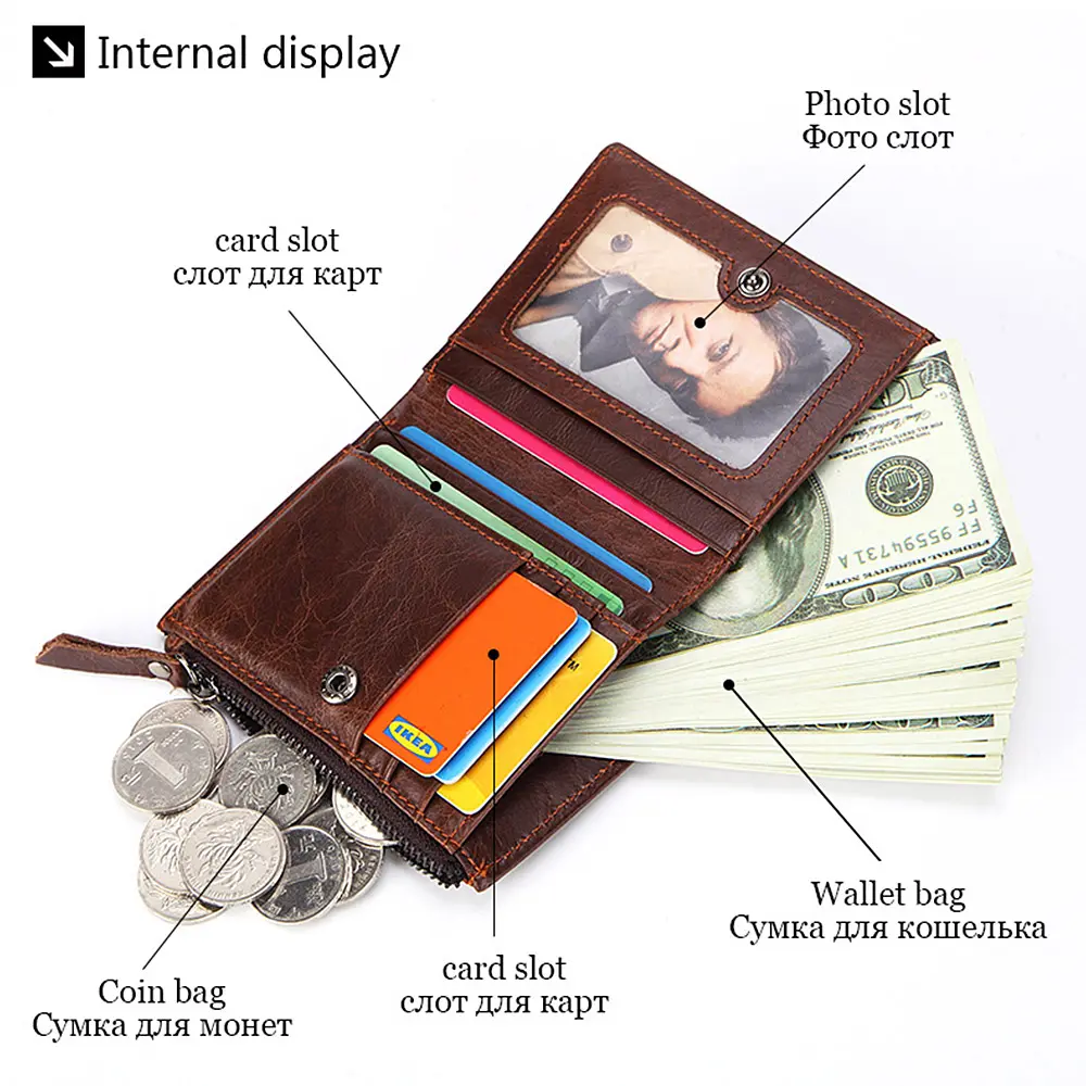 New High Quality Men Wallets Short Card Holder Genuine Leather Men Purse Double Zipper Coin Pocket Male Wallet