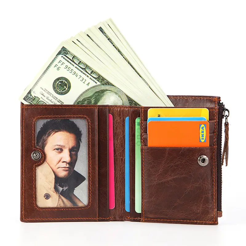 New High Quality Men Wallets Short Card Holder Genuine Leather Men Purse Double Zipper Coin Pocket Male Wallet