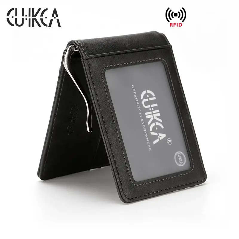 Small RFID Wallet Money Clip For Men Purse With A Metal Clamp Slim Leather Business ID Credit Card Case Man Travel Cash Holder
