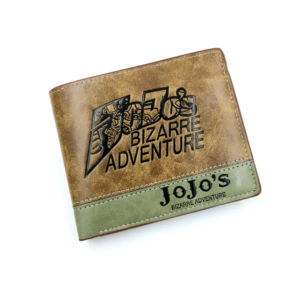 Anime JoJo Bizarre Adventure Khaki Men's Bifold PU Synthetic Wallet Cool Kujo Jotaro Coin Purse Money Clip