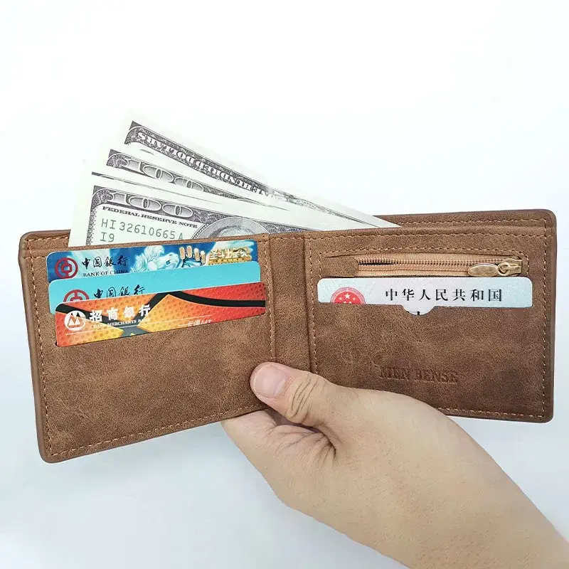 New Retro Men Short Wallet with Zipper Coin Bag Men Leather Wallet Small Money Purse Design Top Men Thin Wallet with Coin Bag