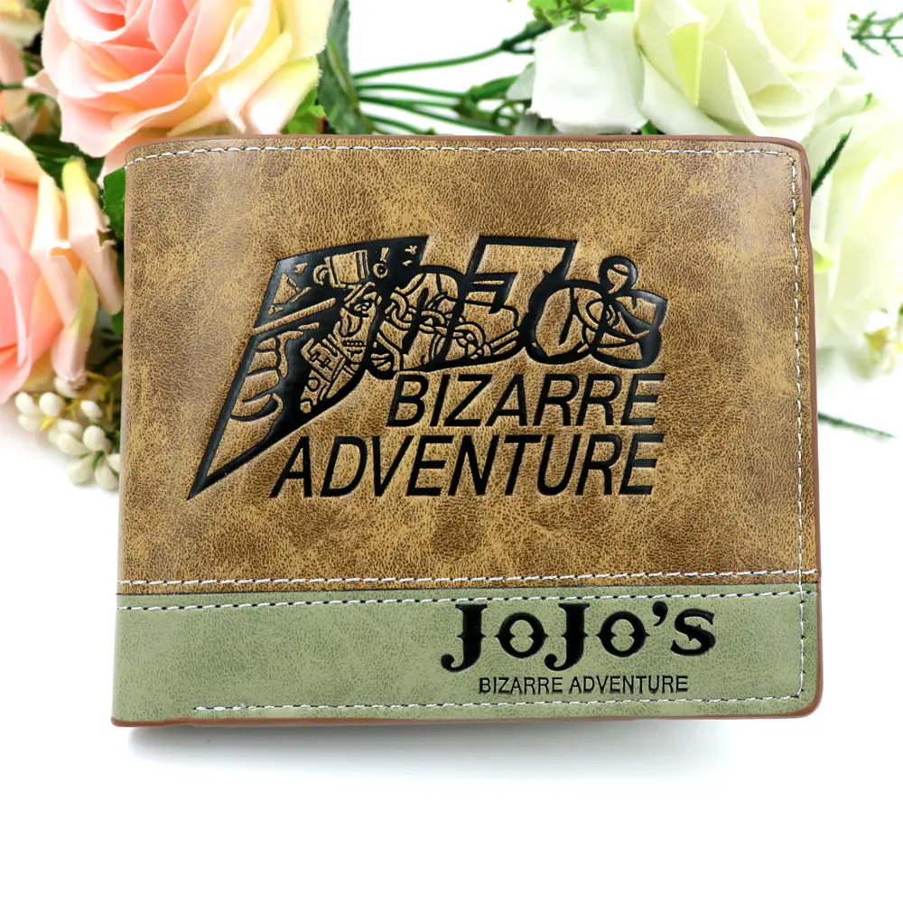 Anime JoJo Bizarre Adventure Khaki Men's Bifold PU Synthetic Wallet Cool Kujo Jotaro Coin Purse Money Clip