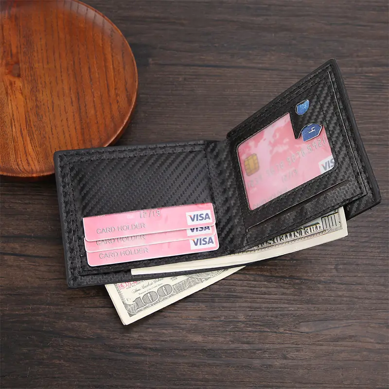 Carbon Fiber Pattern Men's Short Wallet Large Capacity Money Clip Minimalist Slim Bifold Multi Card Holder Purses With ID Window