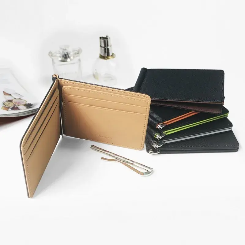 Leather Men Money Clips Metal Solid Wallets Credit Dollar Purses Money Holder Portafoglio Wallet for Male Minimalist Card Holder