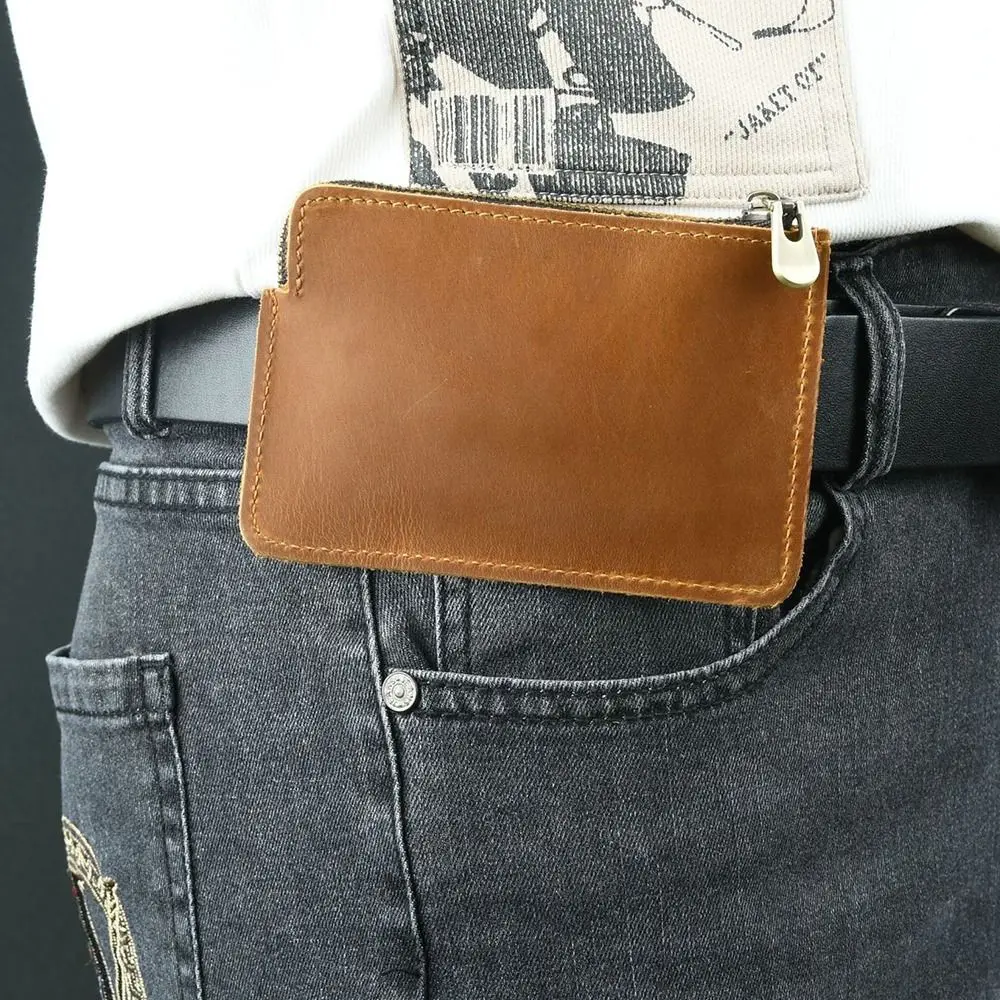 Genuine Leather Men's Short Wallet Ultrathin with Belt Loop Credit Card Holder Retro Lightweight Zipper Coin Purse Travel