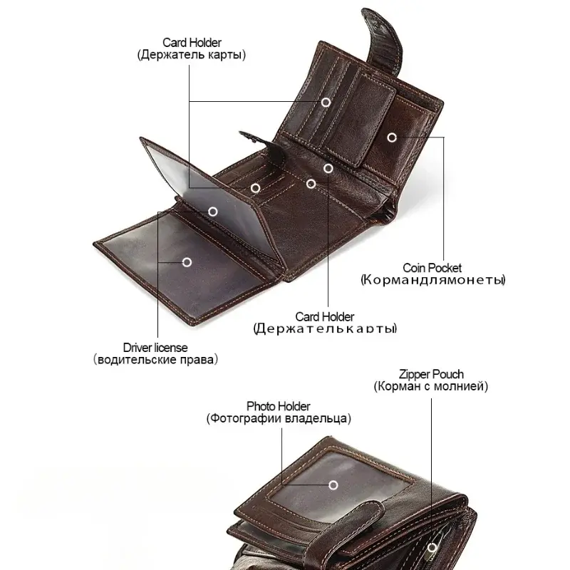 New Men Wallet Cowhide Genuine Leather Wallets Coin Purse Clutch Hasp Open Top Quality Retro Short Wallet Multi Cards Slots